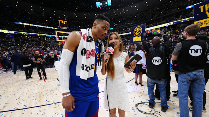 May 3, 2025; Denver, Colorado, USA; Denver Nuggets guard Russell Westbrook (4) is interviewed by ESPN reporter Betty Zhou following the win against the LA Clippers in the game seven of first round for the 2025 NBA Playoffs at Ball Arena. Mandatory Credit: Ron Chenoy-Imagn Images