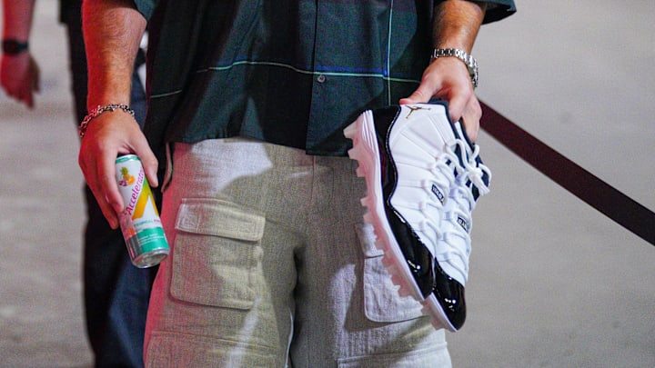 Oct 7, 2024; Kansas City, Missouri, USA; Kansas City Chiefs tight end Travis Kelce (87) enters the stadium via the tunnel prior to a game against the New Orleans Saints at GEHA Field at Arrowhead Stadium. Mandatory Credit: Denny Medley-Imagn Images