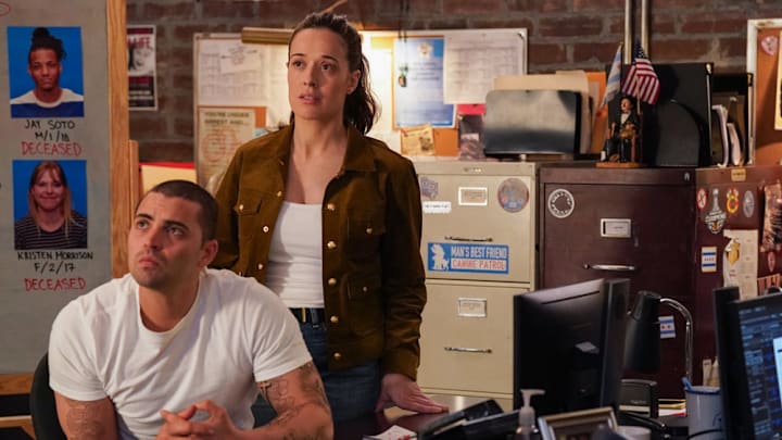 CHICAGO P.D. -- "Off Switch" Episode 12003 -- Pictured: (l-r) Benjamin Levy Aguilar as Dante Torres, Marina Squerciati as Officer Kim Burgess -- (Photo by: Elizabeth Sisson/NBC)
