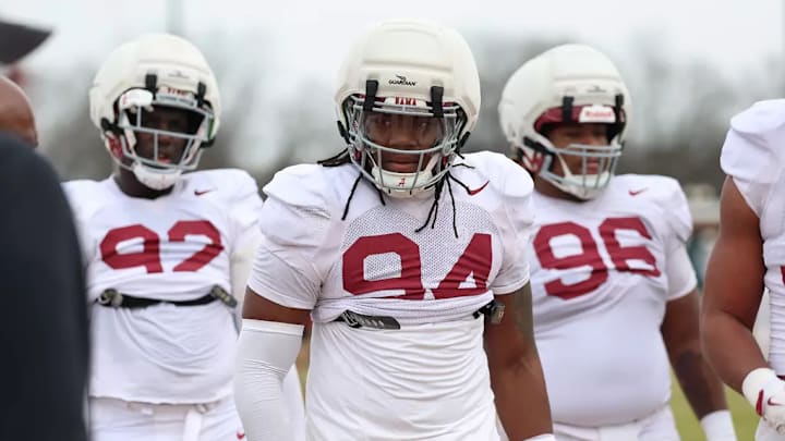 3/7/25 MFB Spring Practice 3 Alabama Defensive Lineman Jeremiah Beaman (92) Alabama Defensive Lineman Edric Hill (94) Alabama Defensive Lineman Tim Keenan III (96) Photo by Kent Gidley