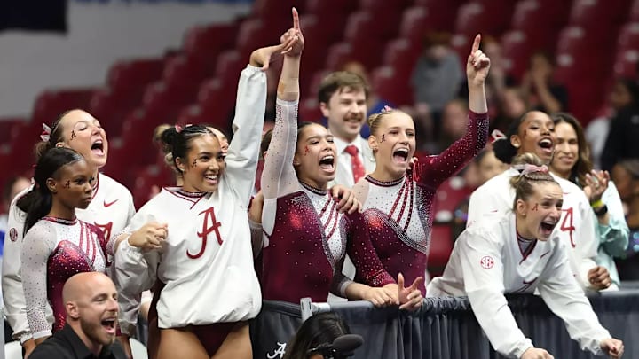 The University of Alabama Gymnastics Team celebrates during the NCAA Regional Final at Coleman Coliseum in Tuscaloosa, AL on Sunday, Apr 6, 2025. The University of Alabama Gymnastics Team celebrates during the NCAA Regional Final at Coleman Coliseum in Tuscaloosa, AL on Sunday, Apr 6, 2025.