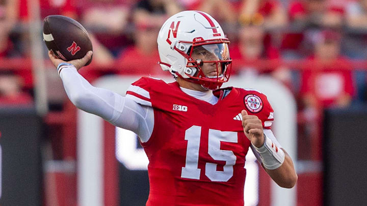  Nebraska quarterback Dylan Raiola prepares to throw a short pass in the first quarter against Northern Iowa.