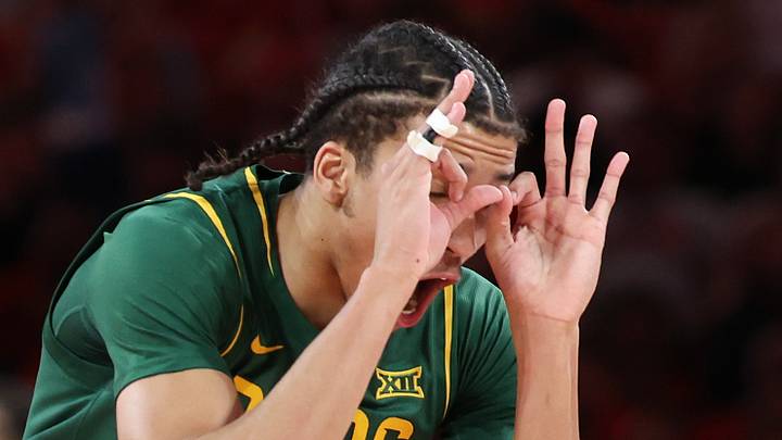 Mar 4, 2026; Houston, Texas, USA;  Baylor Bears guard Cameron Carr (43) reacts to his three point basket against the Houston Cougars in the  first half at Fertitta Center. Mandatory Credit: Thomas Shea-Imagn Images