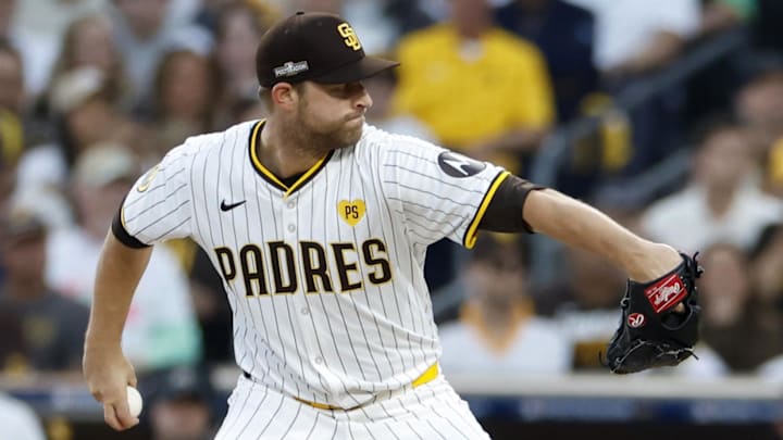 Oct 8, 2024; San Diego, California, USA; San Diego Padres pitcher Michael King (34) throws in the first inning against the Los Angeles Dodgers during game three of the NLDS for the 2024 MLB Playoffs at Petco Park. Oct 8, 2024; San Diego, California, USA; San Diego Padres pitcher Michael King (34) throws in the first inning against the Los Angeles Dodgers during game three of the NLDS for the 2024 MLB Playoffs at Petco Park.