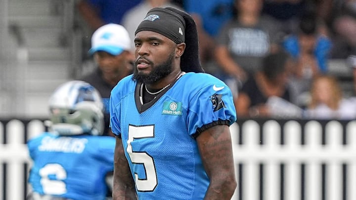 Jul 30, 2024; Charlotte, NC, USA; Carolina Panthers wide receiver Diontae Johnson (5) during training camp at Carolina Panthers Practice Fields. Mandatory Credit: Jim Dedmon-USA TODAY Sports