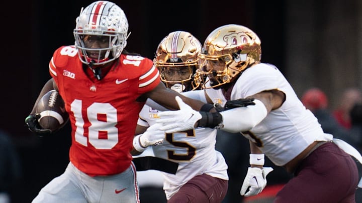 Nov 18, 2023; Columbus, Ohio, USA; 
Ohio State Buckeyes wide receiver Marvin Harrison Jr. (18)