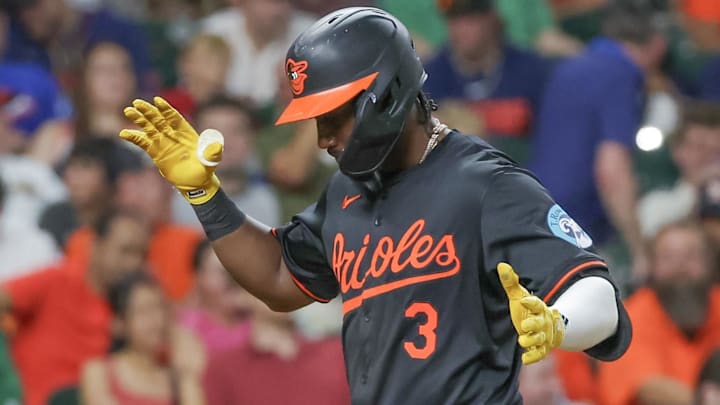 Jun 21, 2024; Houston, Texas, USA; Baltimore Orioles second baseman Jorge Mateo (3) reacts to his two run home run against the Houston Astros in the eighth inning at Minute Maid Park