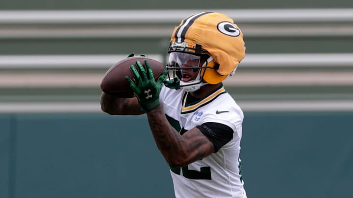 Green Bay Packers wide receiver Matthew Golden (22) catches the ball during the team's first day of minicamp on June 10, 2025, at Ray Nitschke Field in Ashwaubenon, Wis.