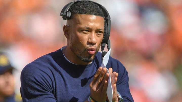 Nov 4, 2023; Clemson, South Carolina, USA; Notre Dame Head Coach Marcus Freeman during the third quarter at Memorial Stadium. 
