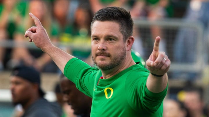 Oregon coach Dan Lanning oversees warmups before the game against Boise State at Autzen in Eugene Sept. 7, 2024
