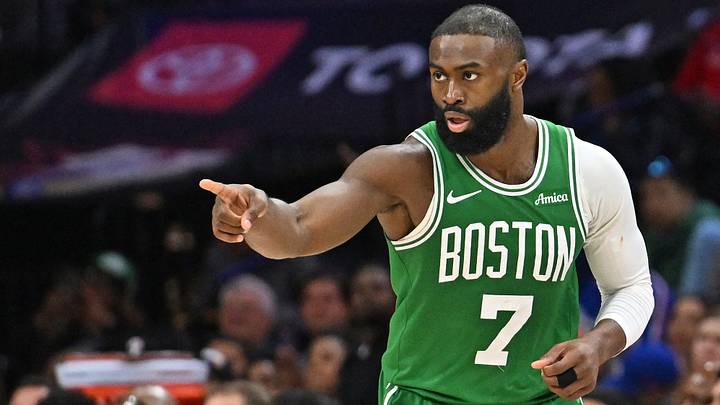 Apr 26, 2026; Philadelphia, Pennsylvania, USA; Boston Celtics guard Jaylen Brown (7) reacts after making a three point basket against the Philadelphia 76ers during the second half at Xfinity Mobile Arena. Mandatory Credit: Eric Hartline-Imagn Images Apr 26, 2026; Philadelphia, Pennsylvania, USA; Boston Celtics guard Jaylen Brown (7) reacts after making a three point basket against the Philadelphia 76ers during the second half at Xfinity Mobile Arena. Mandatory Credit: Eric Hartline-Imagn Images