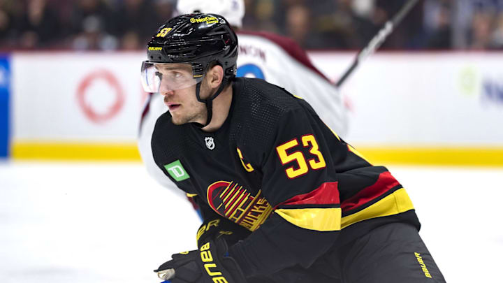Jan 20, 2023; Vancouver, British Columbia, CAN; Vancouver Canucks forward Bo Horvat (53) skates against the Colorado Avalanche in the first period at Rogers Arena. Mandatory Credit: Bob Frid-Imagn Images