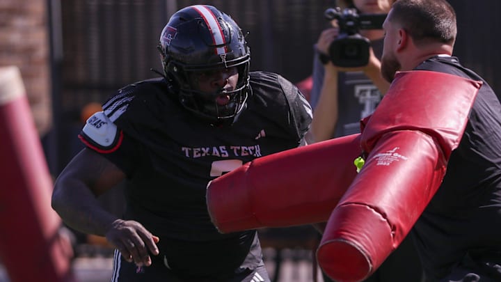Texas Tech's Lee Hunter goes through a drill during spring football practice, Tuesday, April 8, 2025, at the Womble Football Center