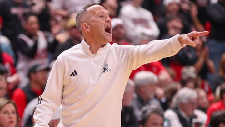 Texas Tech head coach Grant McCasland calls to his team during a Big 12 Conference men's basketball game, Wednesday, Feb. 11, 2026, in United Supermarkets Arena.