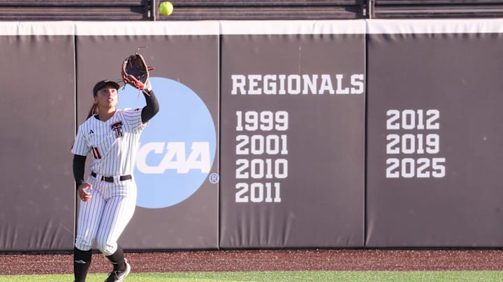 Texas Tech's Lauren Allred catches a fly ball against Tarleton State during a non-conference softball game, Tuesday, April 28, 2026, at Tracy Sellers Field.