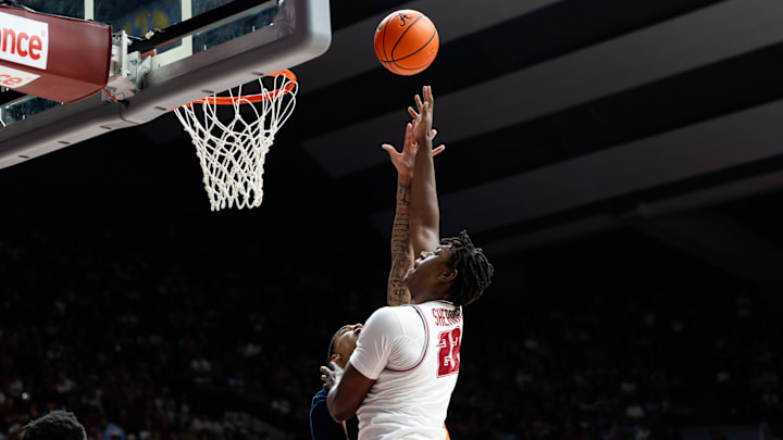 Alabama forward Aiden Sherrell fights for a rebound in the first half of the game against Auburn on Mar. 7, 2026. 