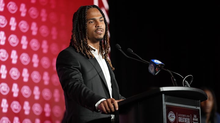 Jul 24, 2025; Charlotte, NC, USA; Boston College wide receiver Lewis Bond answers questions from the media during ACC Media Days at Hilton Charlotte Uptown. Mandatory Credit: Jim Dedmon-Imagn Images