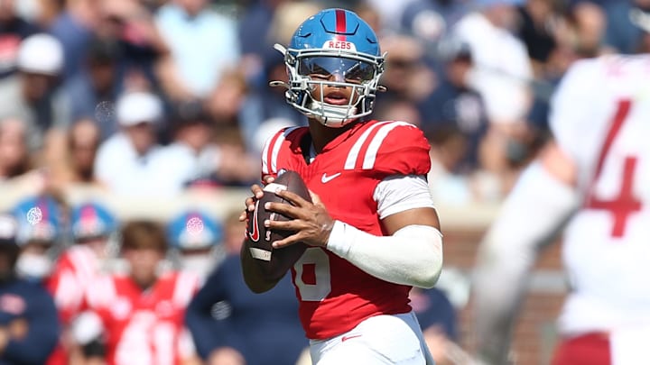 Oct 11, 2025; Oxford, Mississippi, USA; Mississippi Rebels quarterback Trinidad Chambliss (6) drops back to pass during the second quarter against the Washington State Cougars at Vaught-Hemingway Stadium. Mandatory Credit: Petre Thomas-Imagn Images