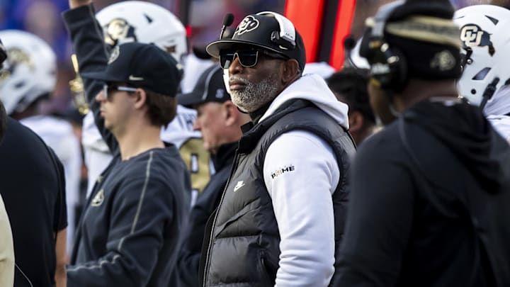 Nov 23, 2024; Kansas City, Missouri, USA;  Kansas head coach Lance Leipold during the Colorado head coach Deion Sanders watches the run of play during the 2nd quarter between the Kansas Jayhawks and the Colorado Buffaloes at GEHA Field at Arrowhead Stadium. 