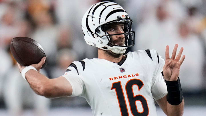 Cincinnati Bengals quarterback Joe Flacco (16) throws a pass in the fourth quarter of the NFL Week 7 game between the Cincinnati Bengals and the Pittsburgh Steelers at Paycor Stadium in downtown Cincinnati on Thursday, Oct. 16, 2025. The Bengals won, 33-31. Cincinnati Bengals quarterback Joe Flacco (16) throws a pass in the fourth quarter of the NFL Week 7 game between the Cincinnati Bengals and the Pittsburgh Steelers at Paycor Stadium in downtown Cincinnati on Thursday, Oct. 16, 2025. The Bengals won, 33-31.