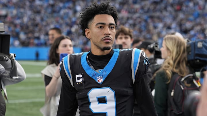 Dec 21, 2025; Charlotte, North Carolina, USA; Carolina Panthers quarterback Bryce Young (9) after a win against Tampa Bay Buccaneers at Bank of America Stadium. 