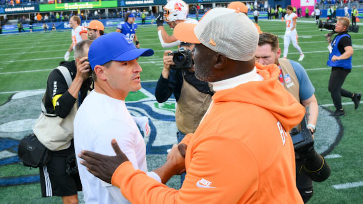 Oct 5, 2025; Seattle, Washington, USA; Seattle Seahawks head coach Mike MacDonald and Tampa Bay Buccaneers head coach Todd Bowles shake hands following the game at Lumen Field. Oct 5, 2025; Seattle, Washington, USA; Seattle Seahawks head coach Mike MacDonald and Tampa Bay Buccaneers head coach Todd Bowles shake hands following the game at Lumen Field.