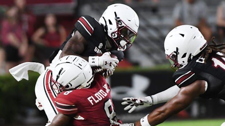 The University of South Carolina Spring football game took place at William-Brice Stadium on April 24, 2024. USC's Mazeo Bennett (3) is hit by Emory Floyd (8) on a play. The University of South Carolina Spring football game took place at William-Brice Stadium on April 24, 2024. USC's Mazeo Bennett (3) is hit by Emory Floyd (8) on a play.