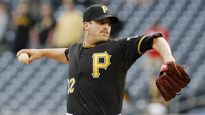 April 24, 2012; Pittsburgh, PA, USA; Pittsburgh Pirates relief pitcher Brad Lincoln (32) pitches against the Colorado Rockies during the eighth inning of the second game of a doubleheader at PNC Park. The Pittsburgh Pirates won 5-1. Mandatory Credit: Charles LeClaire-Imagn Images
