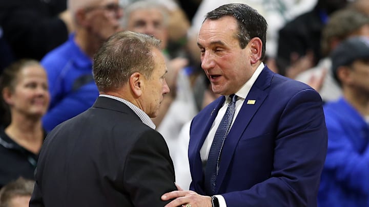 Dec 3, 2019; East Lansing, MI, USA; Michigan State Spartans head coach Tom Izzo and Duke Blue Devils head coach Mike Krzyzewski shake hands. Dec 3, 2019; East Lansing, MI, USA; Michigan State Spartans head coach Tom Izzo and Duke Blue Devils head coach Mike Krzyzewski shake hands.