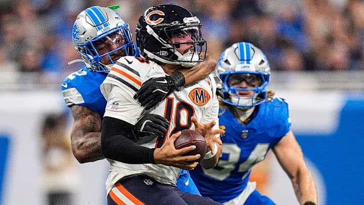Detroit Lions safety Brian Branch sacks Bears quarterback Caleb Williams in the Week 2 game at Ford Field.