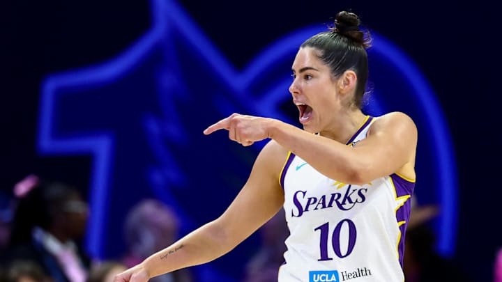 Aug 15, 2025; Arlington, Texas, USA;  Los Angeles Sparks guard Kelsey Plum (10) reacts against the Dallas Wings during the second half at College Park Center. Mandatory Credit: Kevin Jairaj-Imagn Images