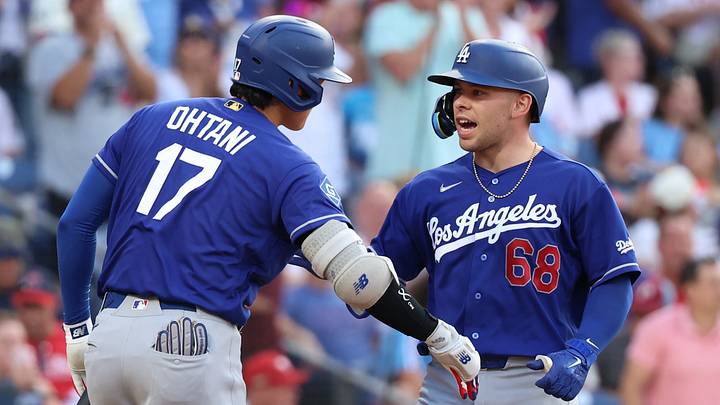 Jul 22, 2026; Philadelphia, Pennsylvania, USA; Los Angeles Dodgers catcher Dalton Rushing (68) reacts with two-way player Shohei Ohtani (17) after hitting a home run against the Philadelphia Phillies during the third inning at Citizens Bank Park. Mandatory Credit: Bill Streicher-Imagn Images Jul 22, 2026; Philadelphia, Pennsylvania, USA; Los Angeles Dodgers catcher Dalton Rushing (68) reacts with two-way player Shohei Ohtani (17) after hitting a home run against the Philadelphia Phillies during the third inning at Citizens Bank Park. Mandatory Credit: Bill Streicher-Imagn Images