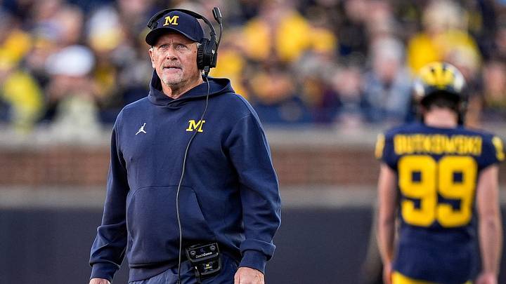 Michigan head coach Kyle Whittingham looks on before a play against Penn State during the second half at Michigan Stadium in Ann Arbor on Saturday, Oct. 17, 2026.