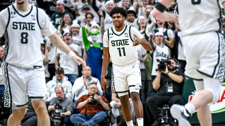 Michigan State's Jase Richardson celebrates a 3-pointer against Purdue during the first half on Tuesday, Feb. 18, 2025, at the Breslin Center in East Lansing.