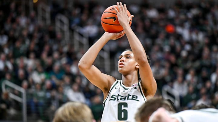 Michigan State's Jordan Scott shoots a free throw against Iowa during the first half on Tuesday, Dec. 2, 2025, at the Breslin Center in East Lansing.