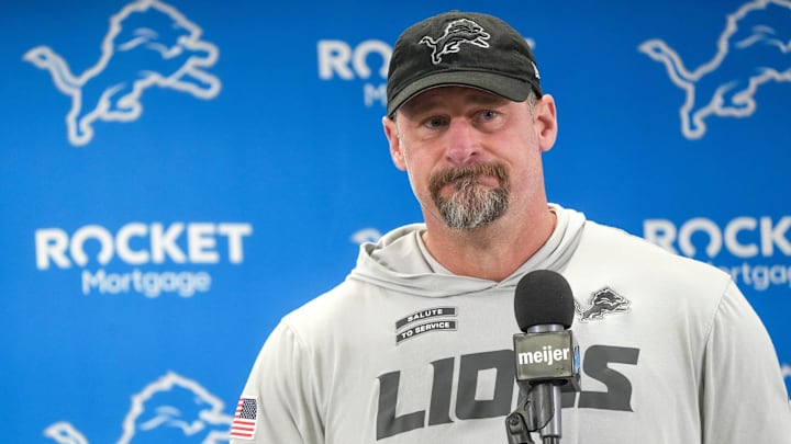 Detroit Lions head coach Dan Campbell speaks to members of the media at the Detroit Lions practice facility in Allen Park on Monday, Jan. 20, 2025, following his team’s NFC divisional playoff loss.