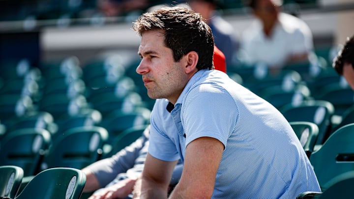 Detroit Tigers president of baseball operations Scott Harris watches live batting practice during spring training at TigerTown in Lakeland, Fla. on Friday, Feb. 23, 2024