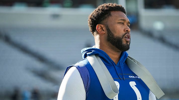 Indianapolis Colts defensive tackle DeForest Buckner (99) warms up before facing the Carolina Panthers on Sunday, Nov. 5, 2023, at Bank of America Stadium in Charlotte, N.C. Indianapolis Colts defensive tackle DeForest Buckner (99) warms up before facing the Carolina Panthers on Sunday, Nov. 5, 2023, at Bank of America Stadium in Charlotte, N.C.