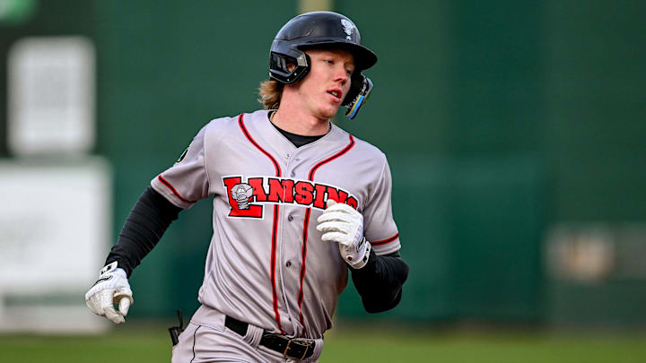 Lugnuts' Henry Bolte rounds third base after his home run against Michigan State in the fourth inning on Wednesday, April 3, 2024, during the Crosstown Showdown at Jackson Field in Lansing. Lugnuts' Henry Bolte rounds third base after his home run against Michigan State in the fourth inning on Wednesday, April 3, 2024, during the Crosstown Showdown at Jackson Field in Lansing.