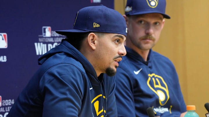 Milwaukee Brewers Willy Adames (left) and Rhys Hoskins answer question during a press conference before the Tuesday Milwaukee Brewers National League Wild Card playoff series at American Family Field in Milwaukee on Monday, Sept. 30, 2024. Milwaukee Brewers Willy Adames (left) and Rhys Hoskins answer question during a press conference before the Tuesday Milwaukee Brewers National League Wild Card playoff series at American Family Field in Milwaukee on Monday, Sept. 30, 2024.