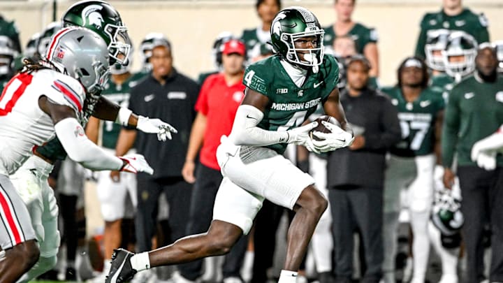 Michigan State's Jaron Glover catches a touchdown pass against Ohio State during the second quarter on Saturday, Sept. 28, 2024, at Spartan Stadium in East Lansing.