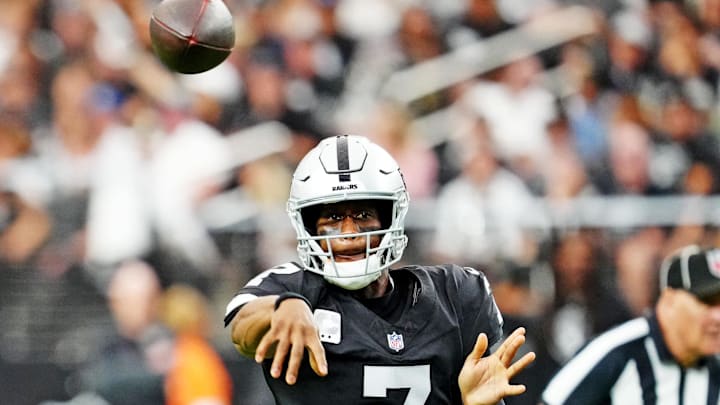 Nov 2, 2025; Paradise, Nevada, USA; Las Vegas Raiders quarterback Geno Smith (7) throws a pass during the second half against the Jacksonville Jaguars at Allegiant Stadium. Mandatory Credit: Stephen R. Sylvanie-Imagn Images