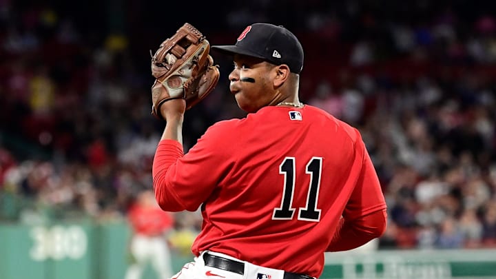Sep 22, 2023; Boston, Massachusetts, USA; Boston Red Sox third baseman Rafael Devers (11) shows