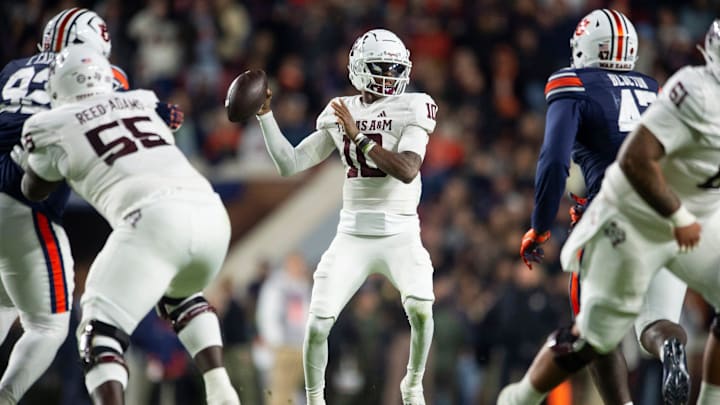 Texas A&M Aggies quarterback Marcel Reed (10) throws the ball as Auburn Tigers take on Texas A&M Aggies at Jordan-Hare Stadium in Auburn, Ala., on Saturday, Sept. 7, 2024.