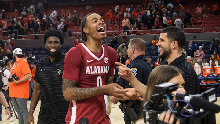 Alabama Crimson Tide guard Labaron Philon Jr. (0) celebrates the win as Auburn Tigers take on Alabama Crimson Tide at Neville Arena in Auburn, Ala. on Saturday, Feb. 7, 2026. Alabama Crimson Tide defeated Auburn Tigers 96-92.