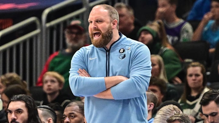 Apr 7, 2023; Milwaukee, Wisconsin, USA; Memphis Grizzlies head coach Taylor Jenkins reacts in the second quarter during game against the Milwaukee Bucks at Fiserv Forum. Mandatory Credit: Benny Sieu-Imagn Images