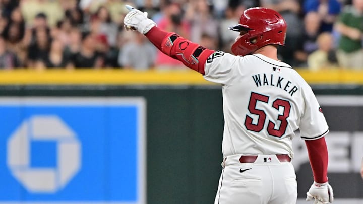 Sep 25, 2024; Phoenix, Arizona, USA; Arizona Diamondbacks first base Christian Walker (53) celebrates a double in the second inning against the San Francisco Giants at Chase Field. Sep 25, 2024; Phoenix, Arizona, USA; Arizona Diamondbacks first base Christian Walker (53) celebrates a double in the second inning against the San Francisco Giants at Chase Field.