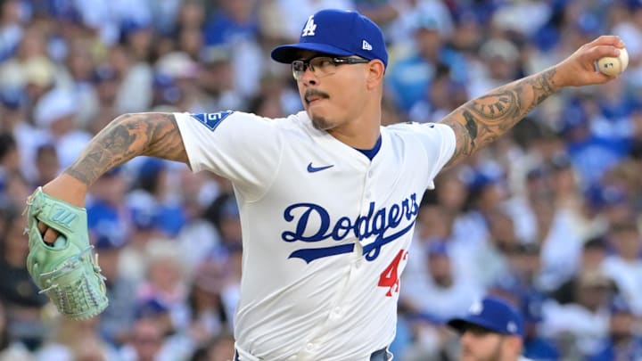Oct 16, 2025; Los Angeles, California, USA; Los Angeles Dodgers pitcher Anthony Banda (43) pitches against the Milwaukee Brewers in the eighth inning during game three of the NLCS round for the 2025 MLB playoffs at Dodger Stadium. Mandatory Credit: Jayne Kamin-Oncea-Imagn Images