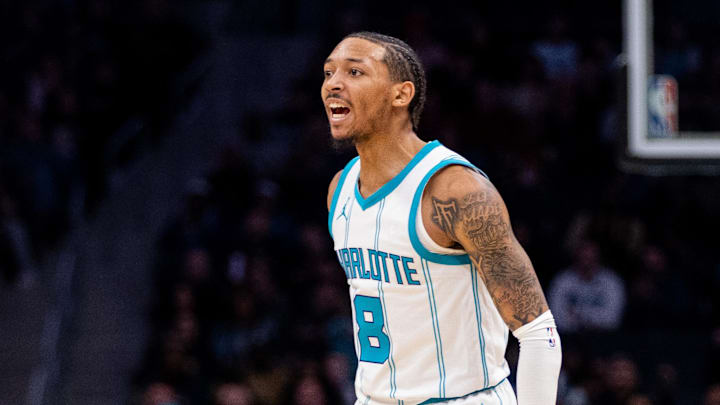 Mar 7, 2025; Charlotte, North Carolina, USA; Charlotte Hornets guard Nick Smith Jr. (8) celebrates against the Cleveland Cavaliers during the second quarter at Spectrum Center. Mandatory Credit: Scott Kinser-Imagn Images Mar 7, 2025; Charlotte, North Carolina, USA; Charlotte Hornets guard Nick Smith Jr. (8) celebrates against the Cleveland Cavaliers during the second quarter at Spectrum Center. Mandatory Credit: Scott Kinser-Imagn Images