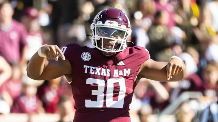 Texas A&M Aggies defensive end Solomon Williams celebrates after a tackle in the second half of a game agains the Samford Bulldogs at Kyle Field.